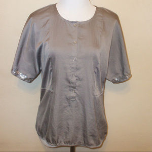 LOFT Gray Satin Sequin Sleeve Blouse Shirt Top
